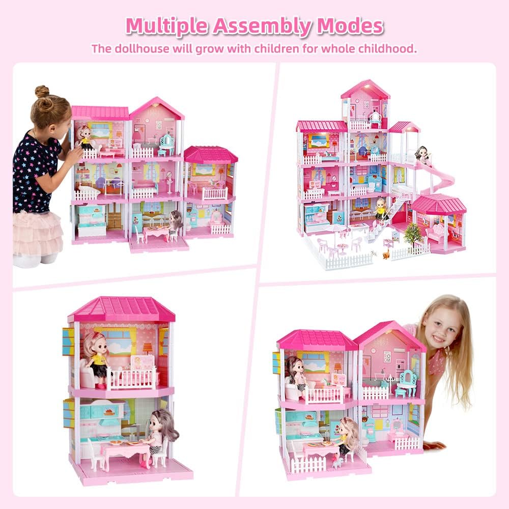 Doll House Kit，Dollhouse with Lights， Slide， Pets and Dolls， DIY Pretend Play Building Playset Toys with Asseccories and Furniture， Princess House for Toddlers， Kids Boy and Girl (11 Rooms)