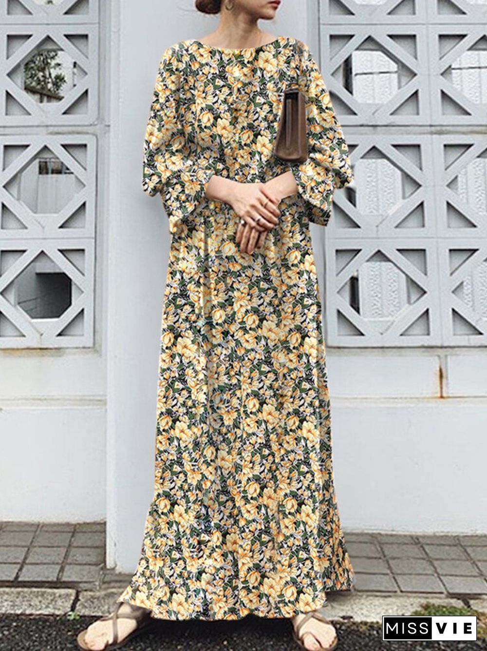 Floral Print Slit Long Bell Sleeve Crew Neck Maxi Dress