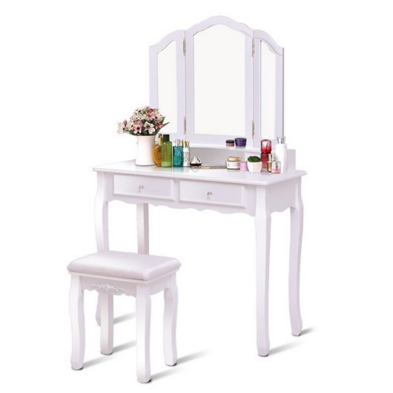 Tri Folding Mirror Vanity Table Stool Set with 4 Drawers and Cushioned Stool