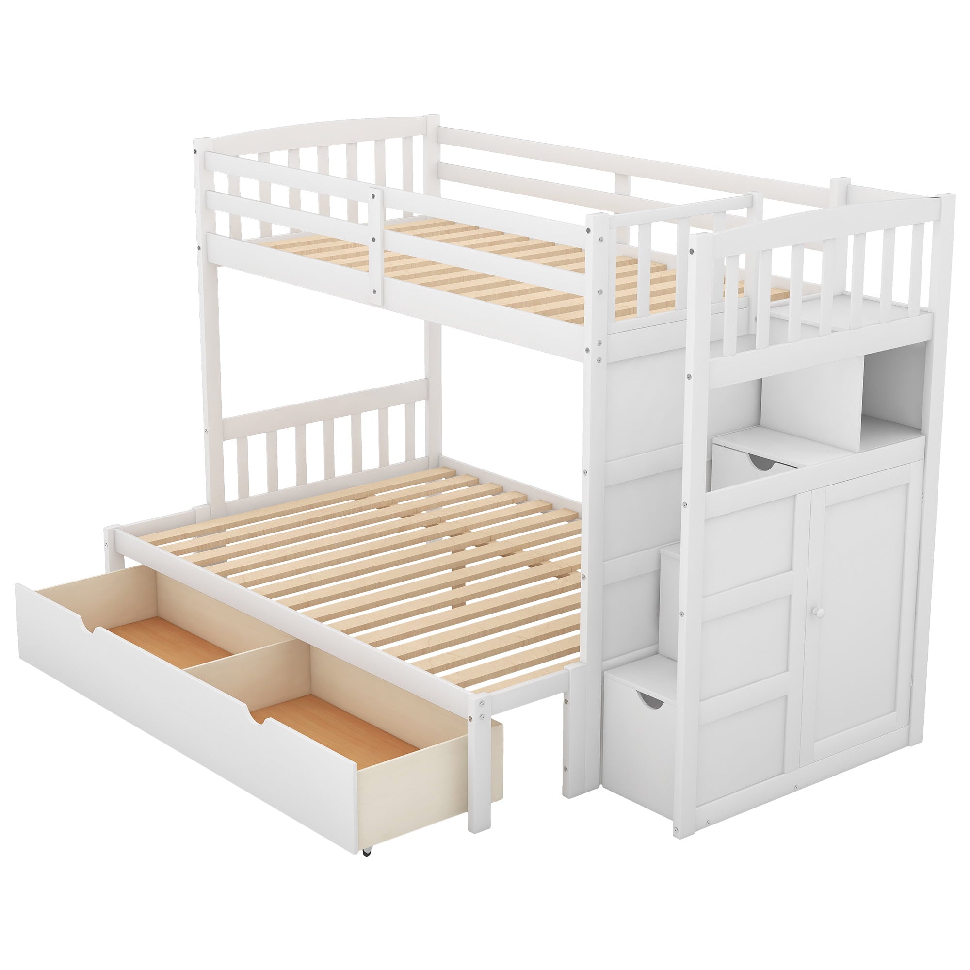 Modern Twin Bunk Bed with Drawer and Cabinet for Kids Bedroom, White