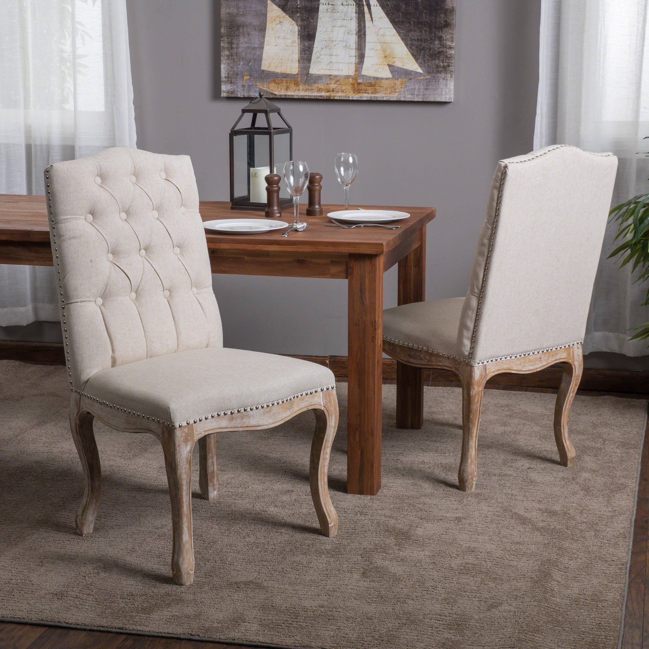 Jolie Traditional Button Tufted Fabric Dining Chairs with Curved Legs (Set of 2)