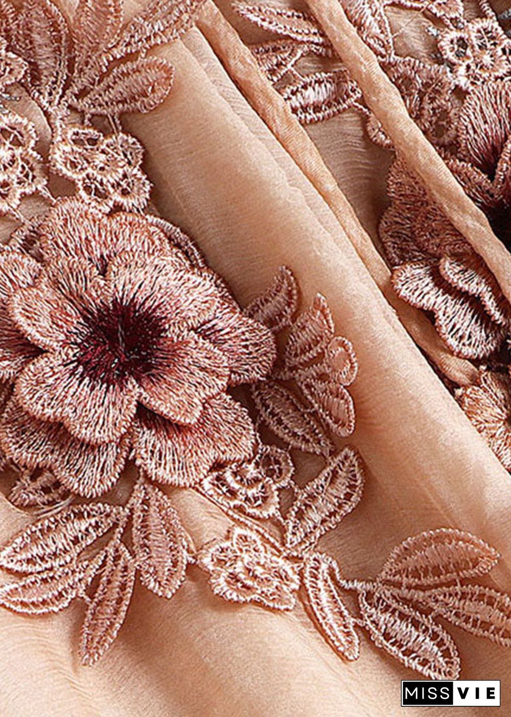 Handmade Apricot V Neck Embroideried Floral Silk Maxi Dress Long Sleeve