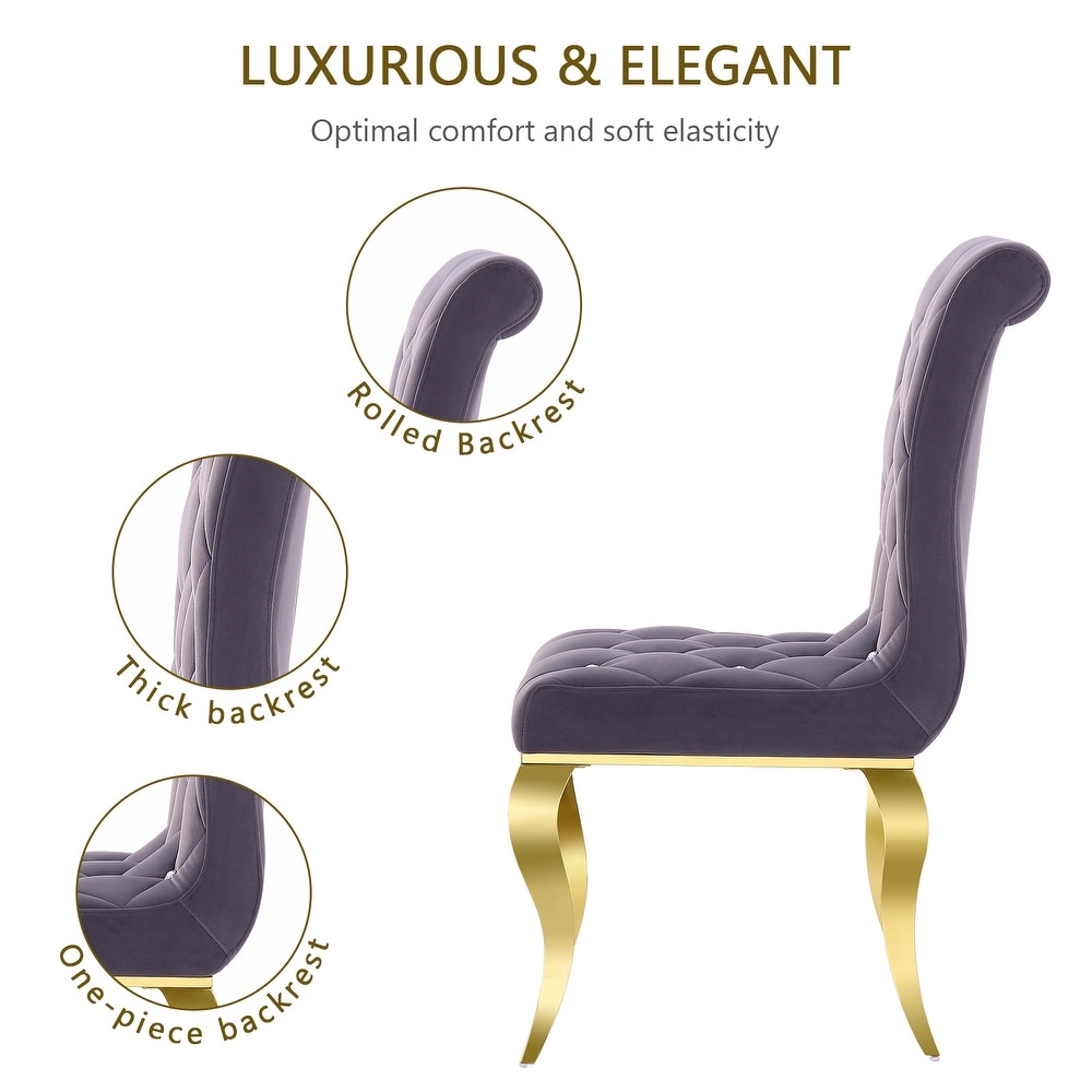 Luxury Gray Velvet Tufted Upholstered Dining Chairs with Polished Gold Cabriole Legs