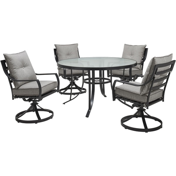 Hanover Lavallette 5Piece Dining Set in Silver Linings with 4 Swivel Rockers and a 52In. Round GlassTop Table