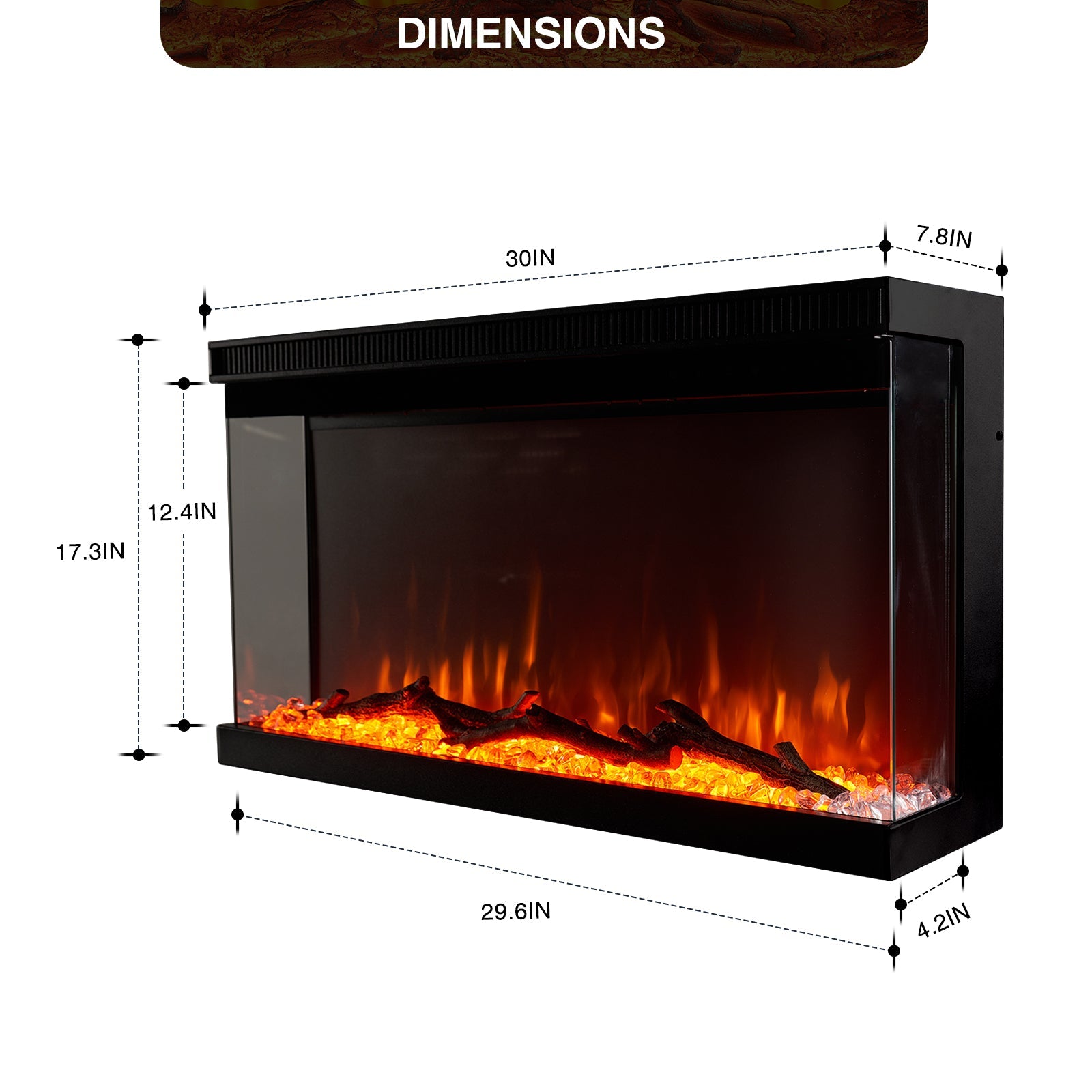 BaPiPro 30-Inch 3-sided Electric Fireplace, 750W/1500W, 9 Color Flame, Remote Control, Log Set & Crystal