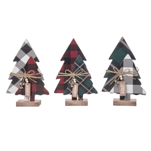 Transpac Wood 9 06 In Multicolored Christmas Plaid Trees With Bells Set Of 3