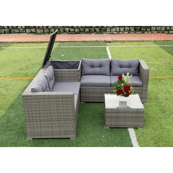 4 Piece Patio Sectional Wicker Rattan Outdoor Furniture Sofa Set with Storage Box