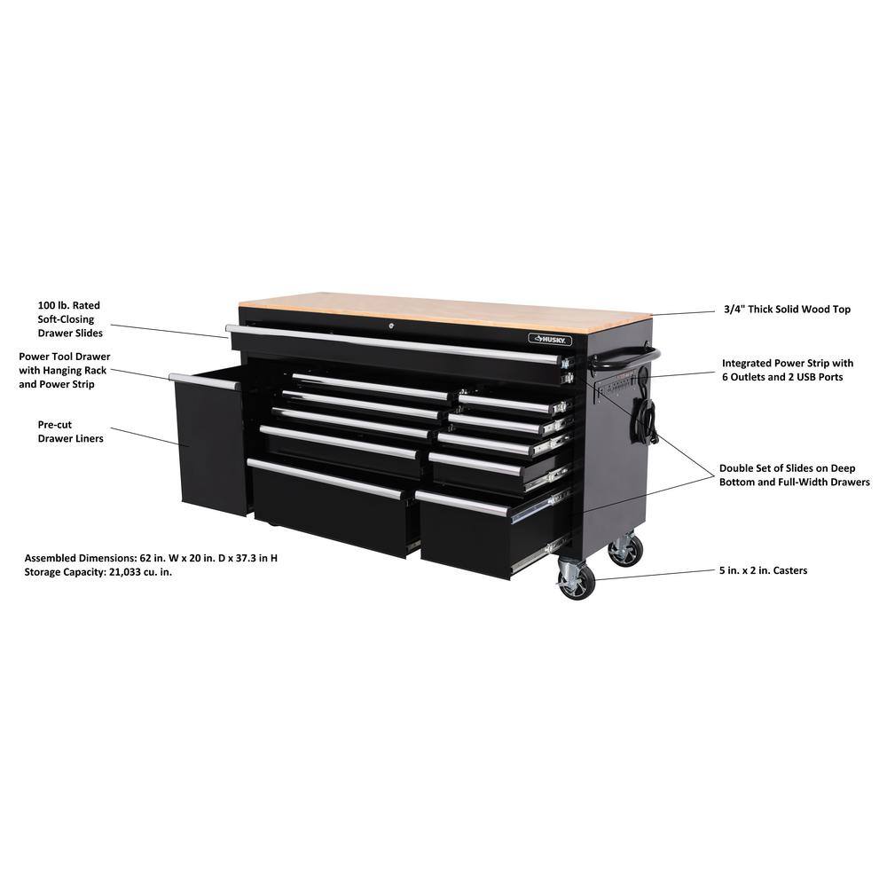 Husky 62 in. W x 20 in. D 12-Drawer Gloss Black Mobile Workbench Cabinet with Solid Wood Top and Power Drawer H62MWC12BLK