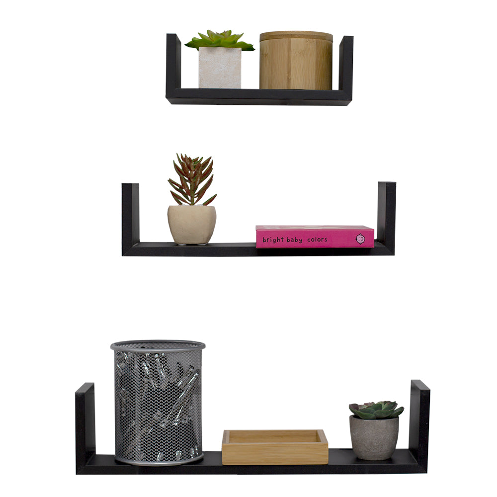 Home Basics Floating Wood Shelf, (Set of 3), Black