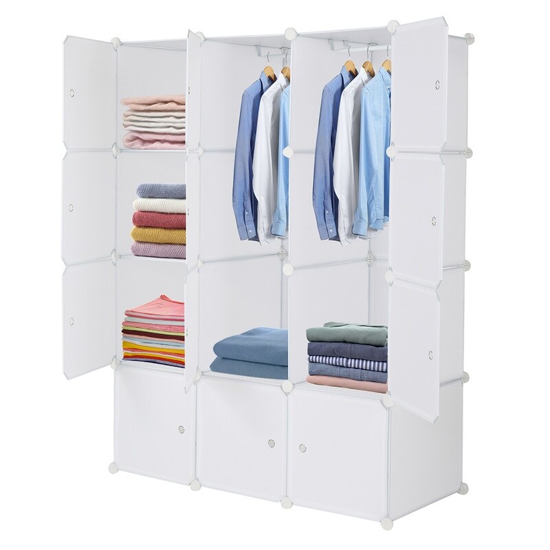 8/12/16/20 Cube Organizer Stackable Plastic Cube Storage Closet Cabinet with Hanging Rod White