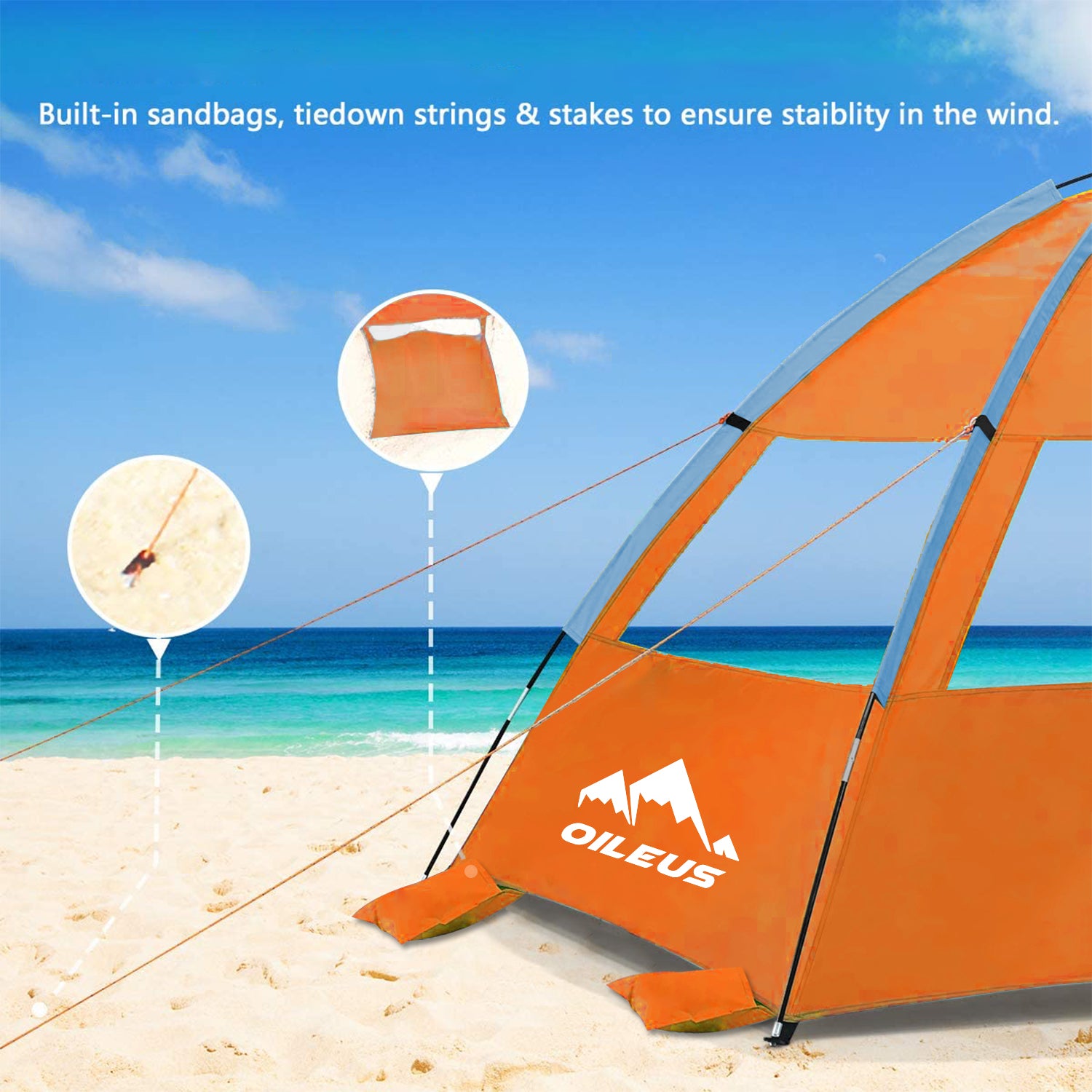 Oileus Beach Tent Pop Up Tents Sun Shade Shelter for 2-3 Person With UV Protection， Extended Floor， Mesh Roll Up Windows， Carrying Bag， Stakes， 6 Sand Pockets， Lightweight and Easy Set Up， Orange