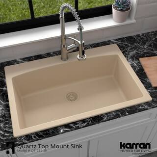 Karran QT-712 QuartzGranite 33 in. Single Bowl Top Mount Drop-In Kitchen Sink in Bisque with Bottom Grid and Strainer QT-712-BI-PK1