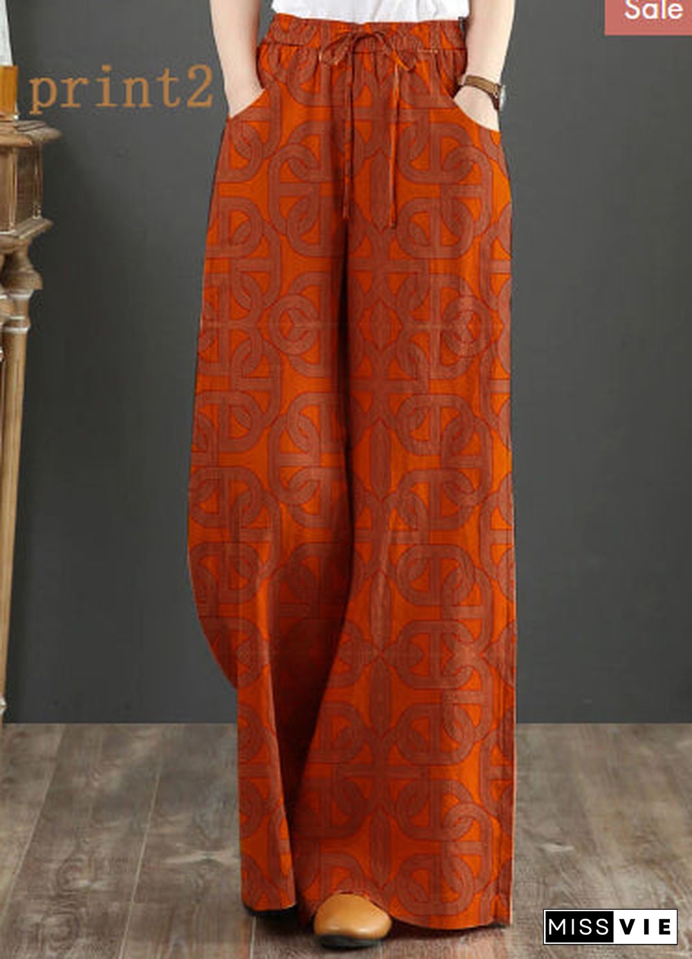 Orange Elastic Waist Linen Straight Pants Solid Color Drawstring Summer