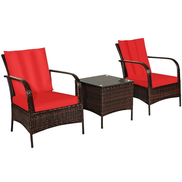 Costway 3 PCS Patio Wicker Rattan Furniture Set Coffee Table and 2