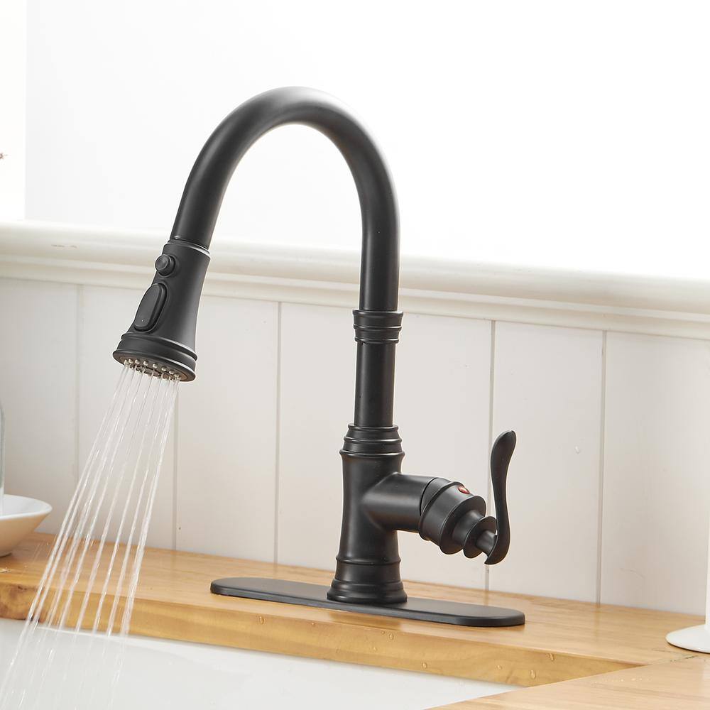 BWE Single-Handle Pull-Down Sprayer 3 Spray High Arc Kitchen Faucet With Deck Plate in Matte Black A-94551-Black