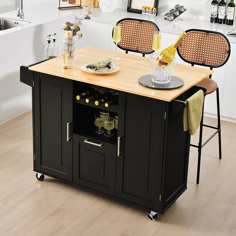 Rolling Kitchen Island Cart with Drop-Leaf Countertop ad Towel Bar-Black