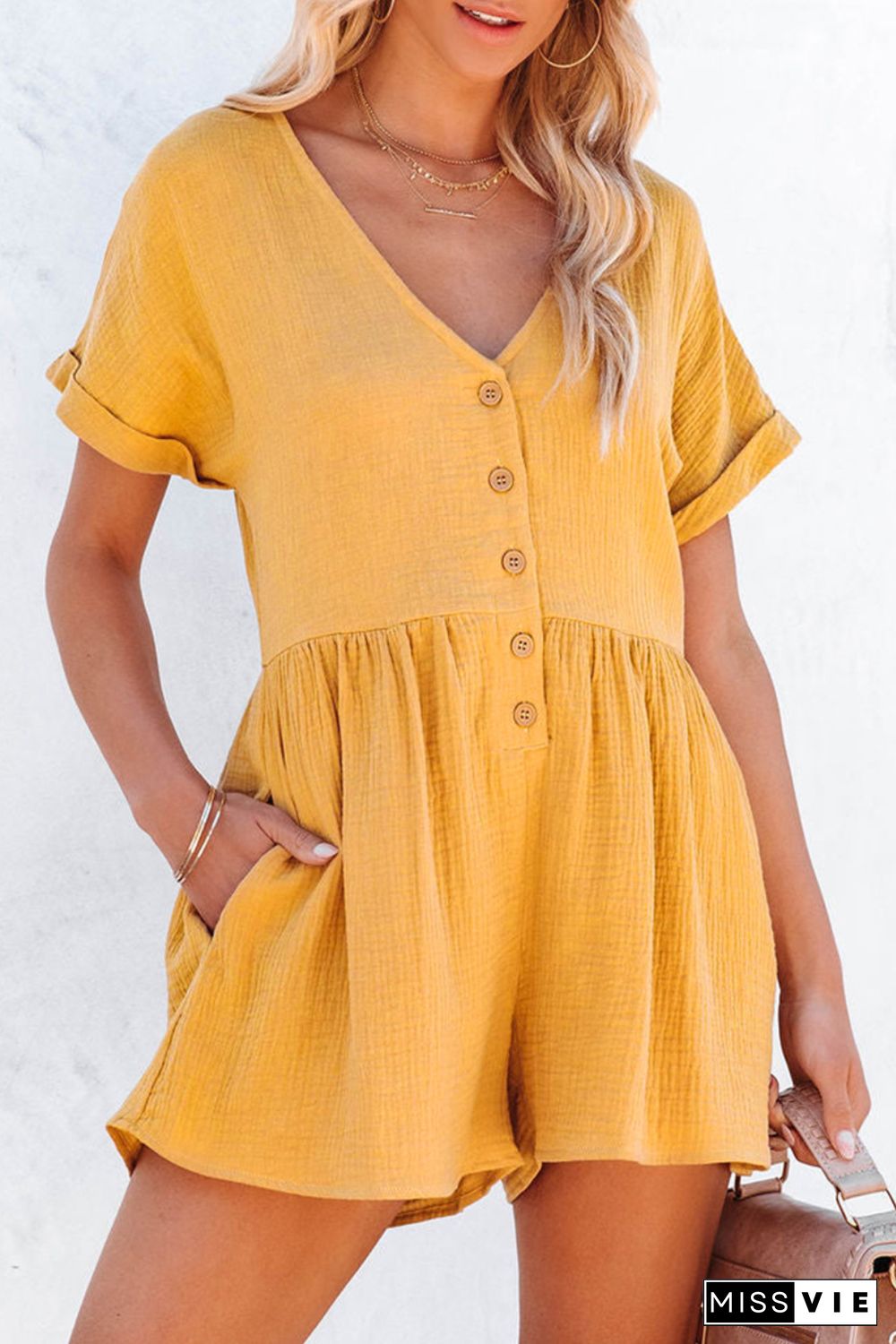 Yellow Button V Neck Crinkle Pocketed Romper