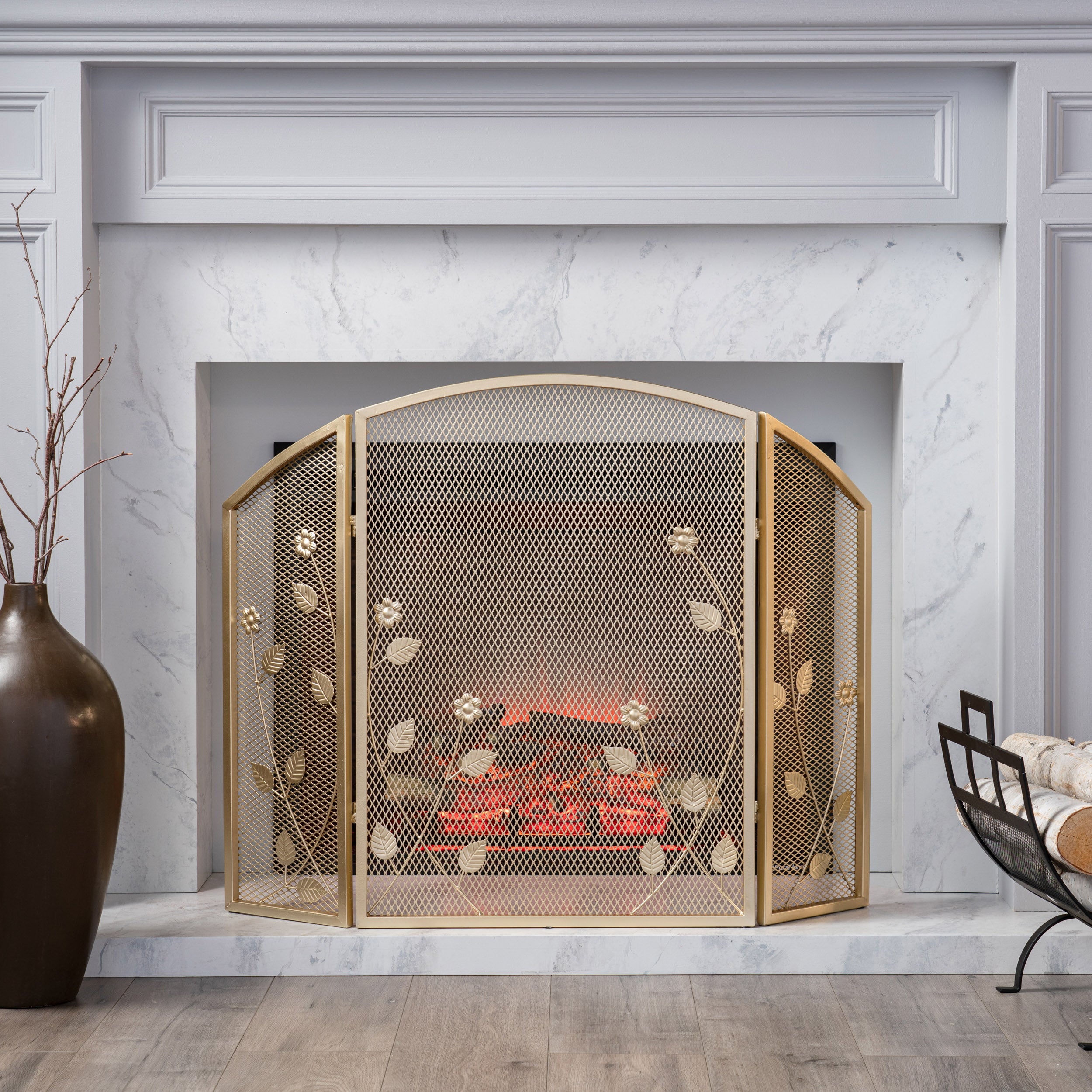 Jenna Modern Iron Firescreen with Leaf Accents