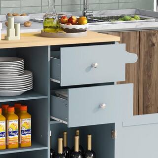 Blue Rubber Wood Drop-Leaf Countertop 41.34 in. W Kitchen Island on 4-Wheels with 2-Drawers and 3-Open Shelves XS-WF299363AAG