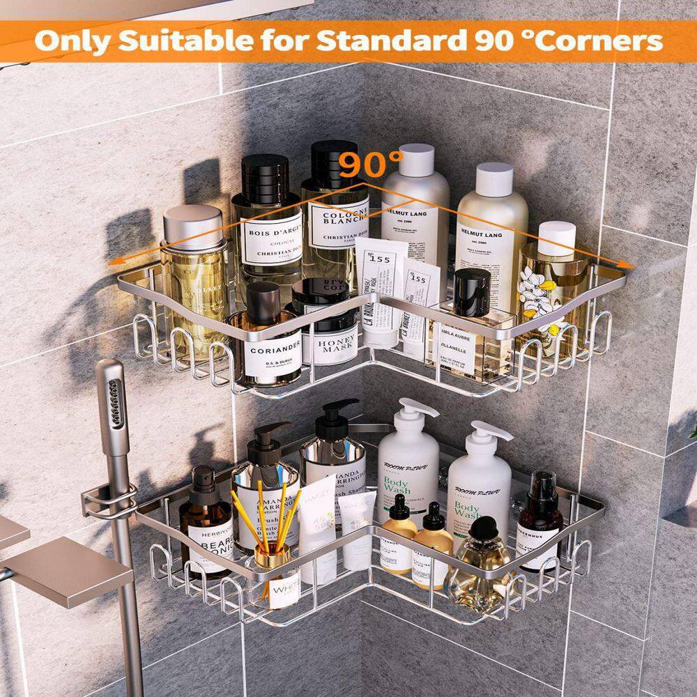 Dracelo 2-Pack Silver Adhesive Stainless Steel Corner Shower Caddy Organizer Shelf with 12 hooks B0B3CYD1K6