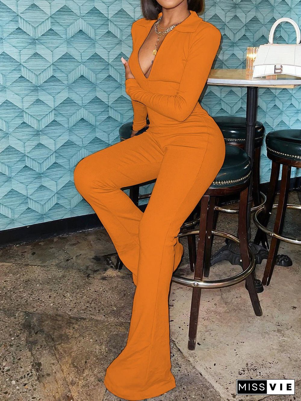 Women'S Jumpsuits Solid Lapel Zip Long Sleeve Slim Fit Jumpsuit