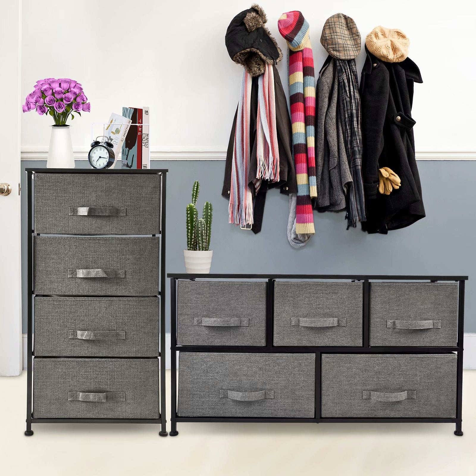 Bigroof Vertical 4 Drawers Dresser Storage Tower,Closet Organizer Unit Chest Fabric Bins for Bedroom,Hallway,Entryway,Dark Gray