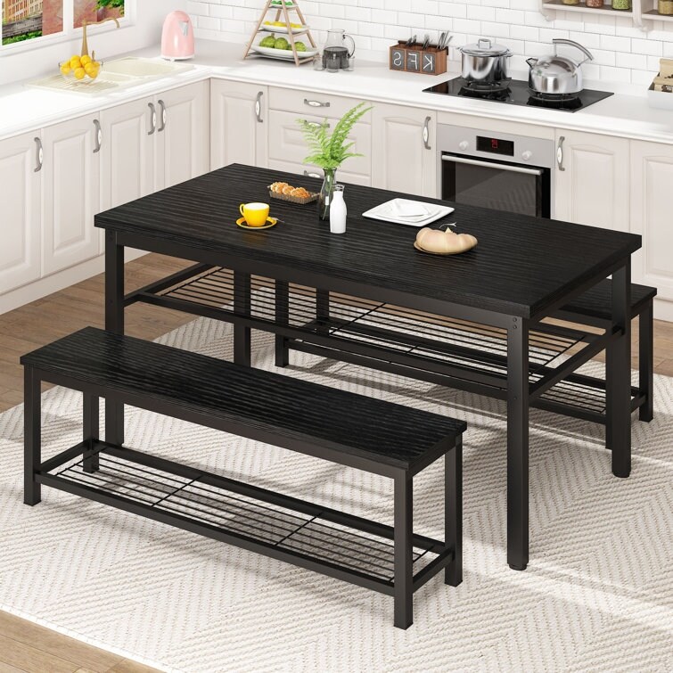 3 Piece Dining Table Set  4   Person Dining Set  Kitchen Dining Table with 2 Benches  Dining Room Table Set with Storage Rack