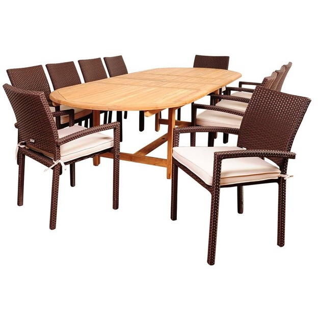 Hillside 11pc Teak Wood Wicker Double extendable Oval Patio Dining Set International Home Miami