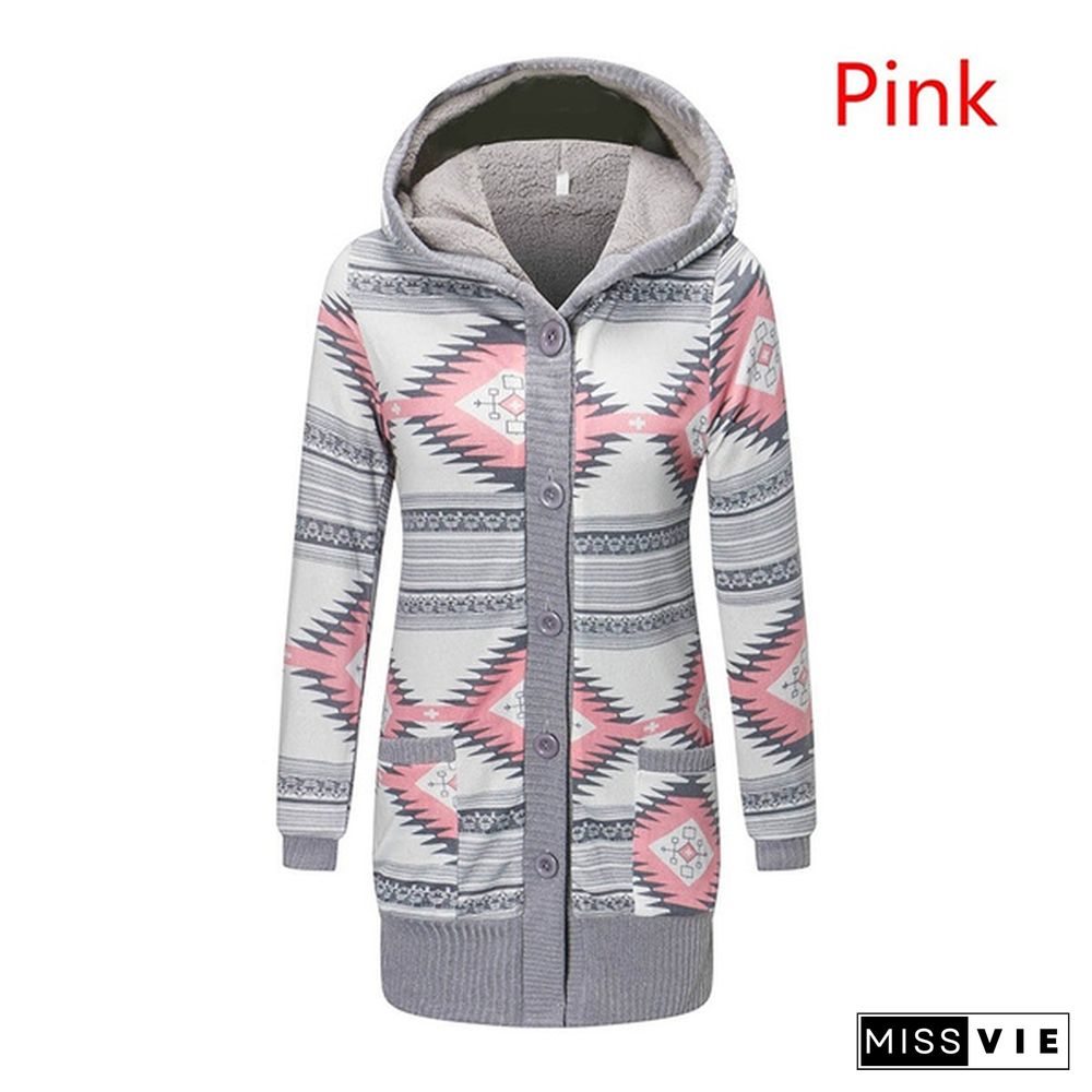 YZ Women Winter Printing Cardigan Fashion Cashmere Knitted Coat Hooded Long Sleeve Thickening Jacket Plus Size