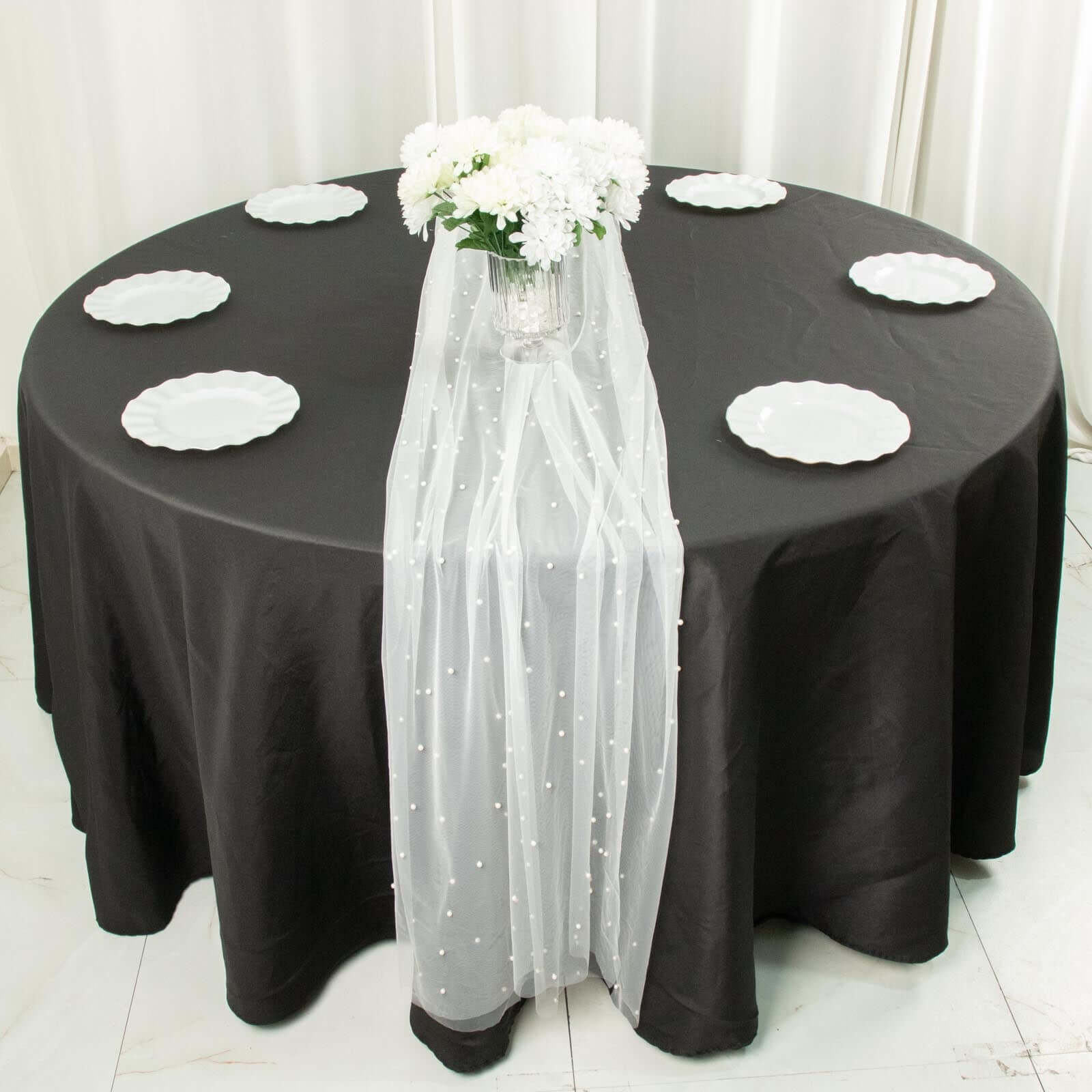 White Pearl Embellished Sheer Tulle Table Runner, Elegant Formal Table Linen 48