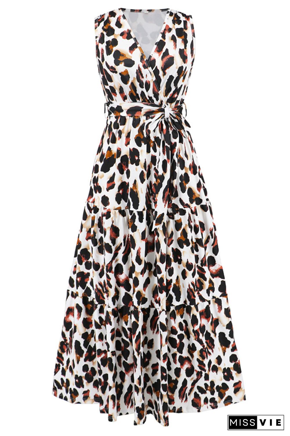 Sleeveless V Neck Splicing Leopard Dress