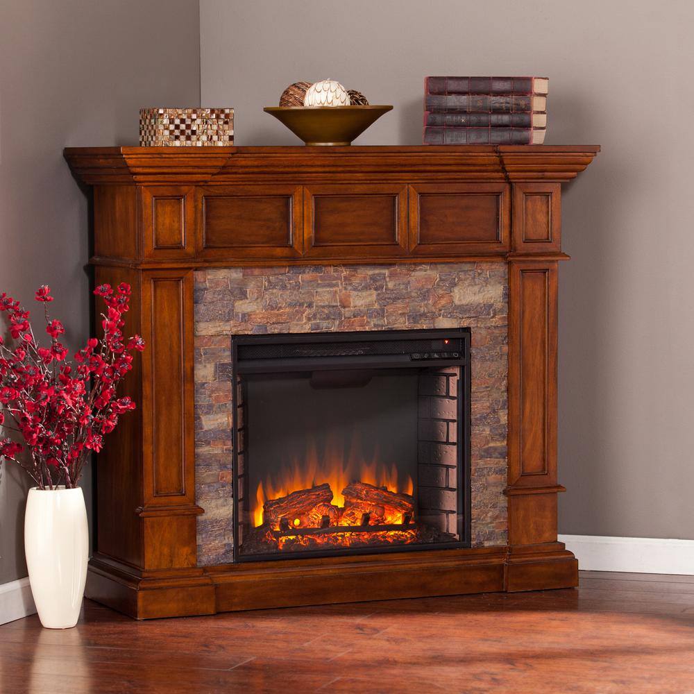 Southern Enterprises Amesbury 45.75 in. W Faux Stone Corner Electric Fireplace in Buckeye Oak HD90565