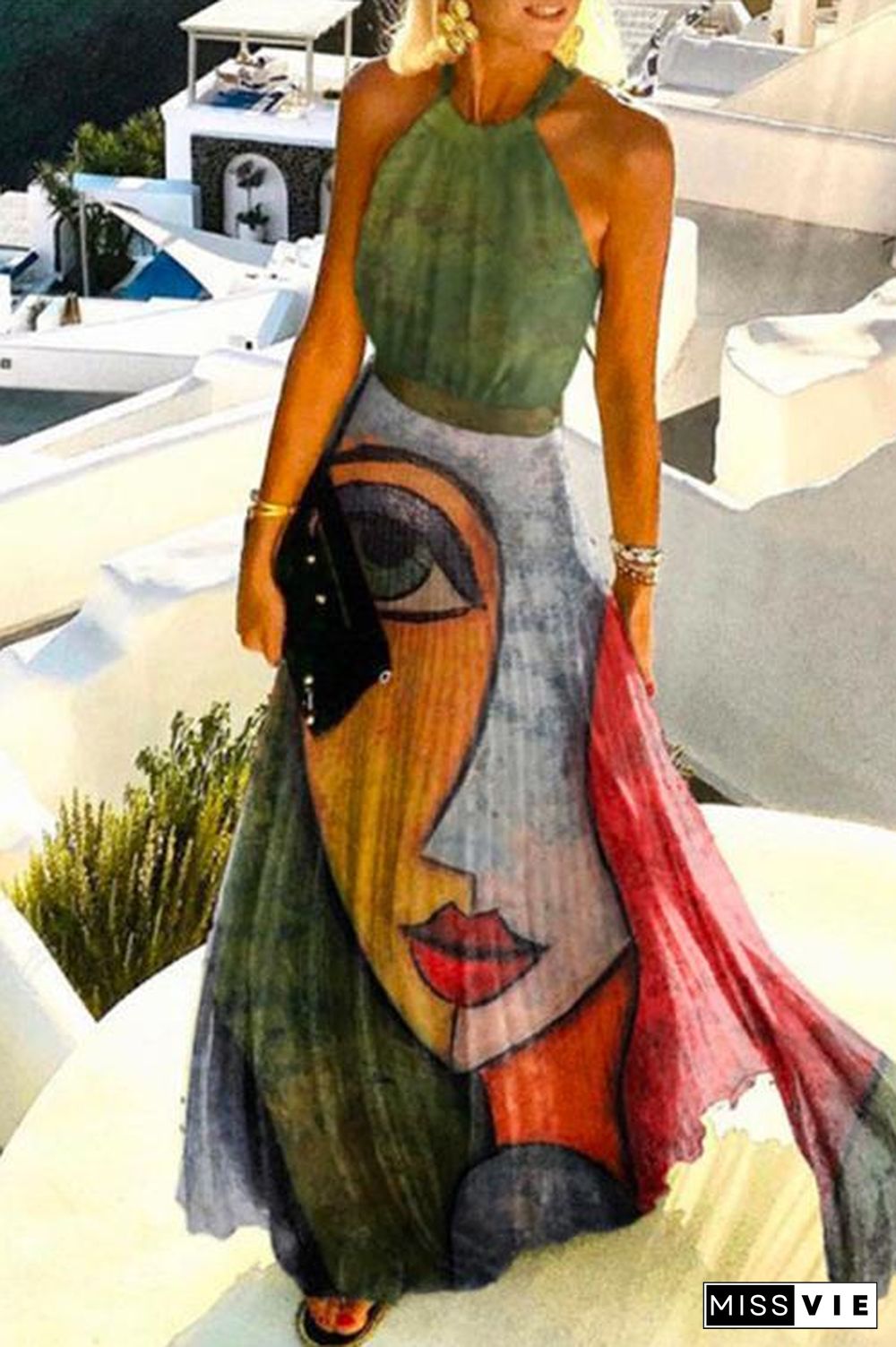 Sleeveless Halter Abstract Printed Pleated Maxi Dress