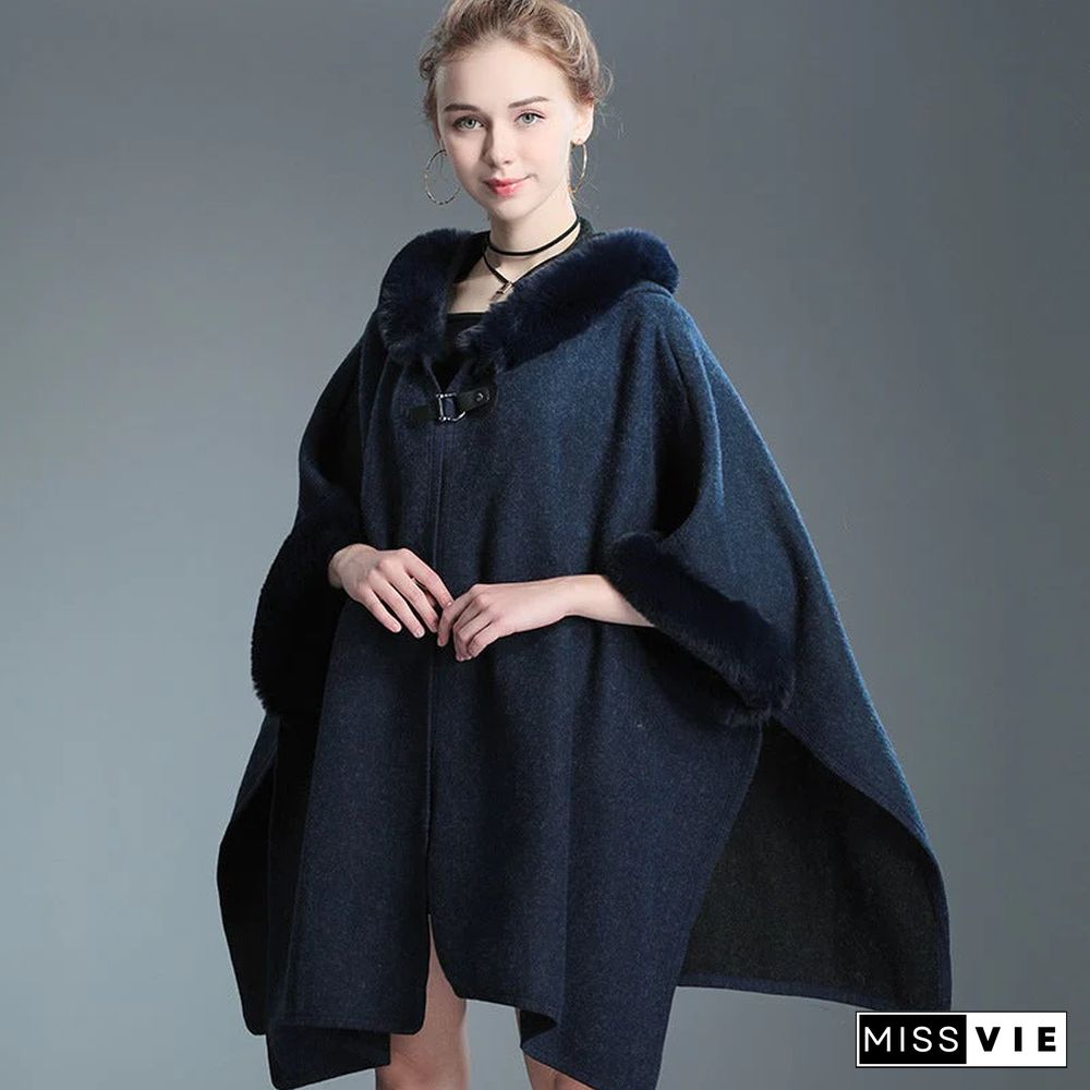 Autumn and Winter Fur Collar Hooded Shawl Cloak Large Size Woolen Coat Loose Cardigan Women