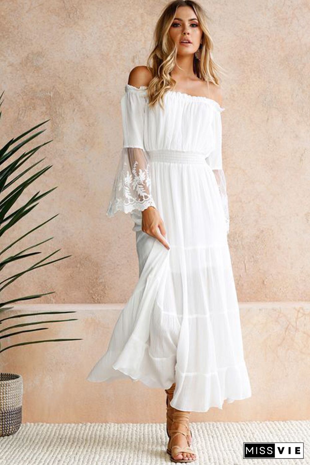 White Off Shoulder Embroidered Flared Sleeve Lace Maxi Dress