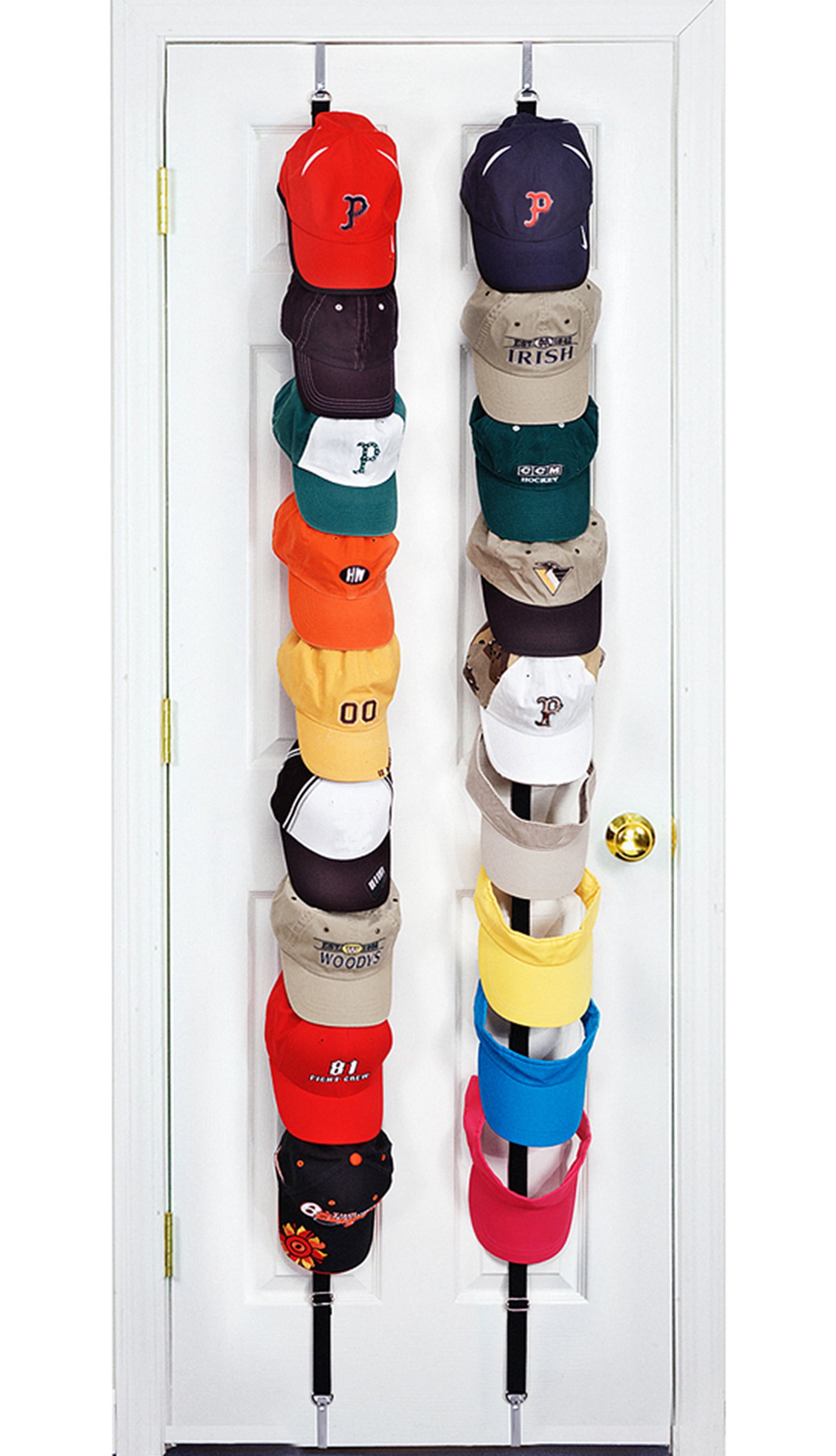 Perfect Curve CapRack18 over-the-door hat rack and organizer | baseball cap rack | home décor style | over the door hat rack | hat rack for door | two straps | holds up to 18 to 36 caps | black