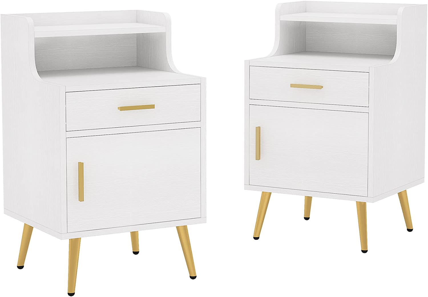 Tribesigns Modern Nightstand with Door Cabinet, Set of 2 Bedside Sofa Table with Drawer, White & Gold