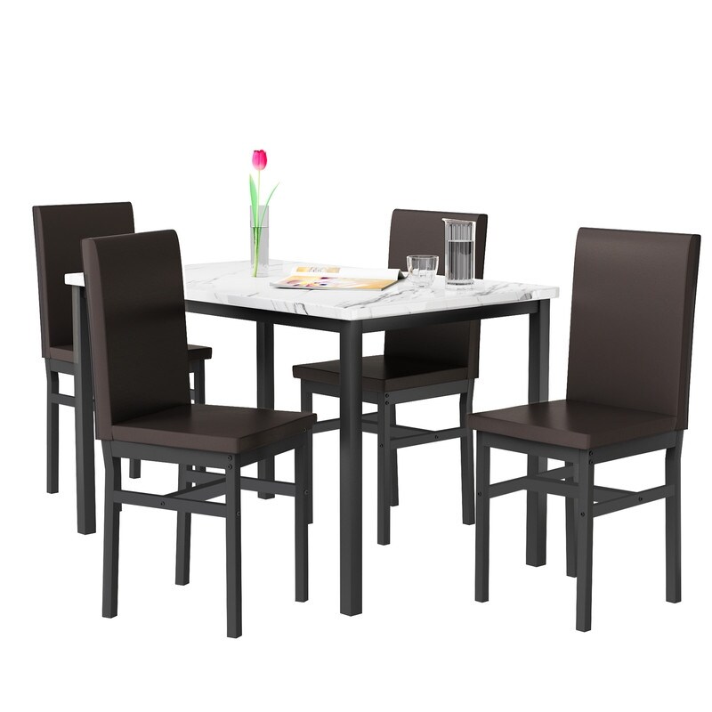 Mieres 5 Pieces Faux Marble Dining Table Set with 4 Upholstered PU Leather Chairs