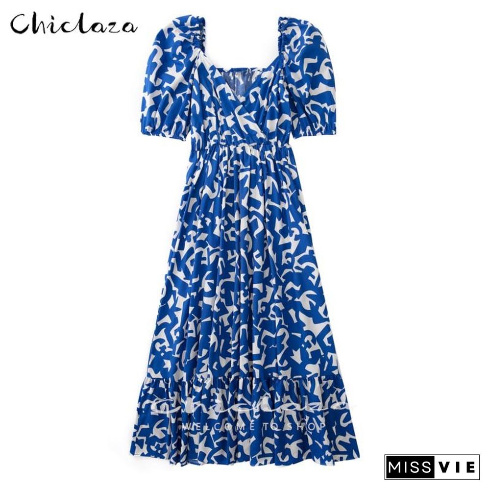 CHICLAZA Women New Summer Sexy V Neck Party Dress Ladies Casual Solid Print A Line Midi Beach Dresses Female