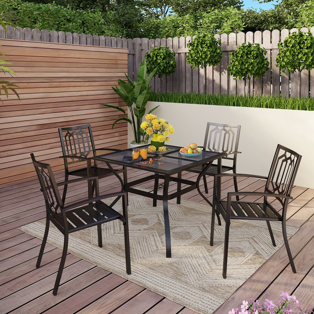 5 Piece Patio Metal Dining Set with 4 Armrest Chairs and Steel Frame Slat Larger Square 37\