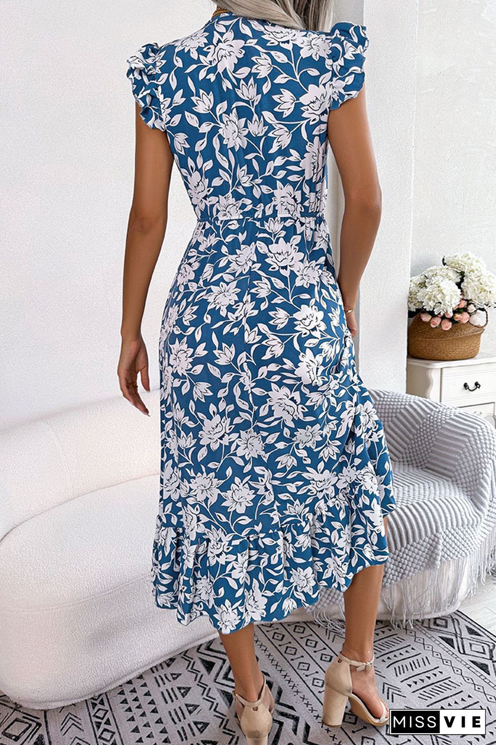 V Neck Flutter Sleeves Maxi Floral Dress