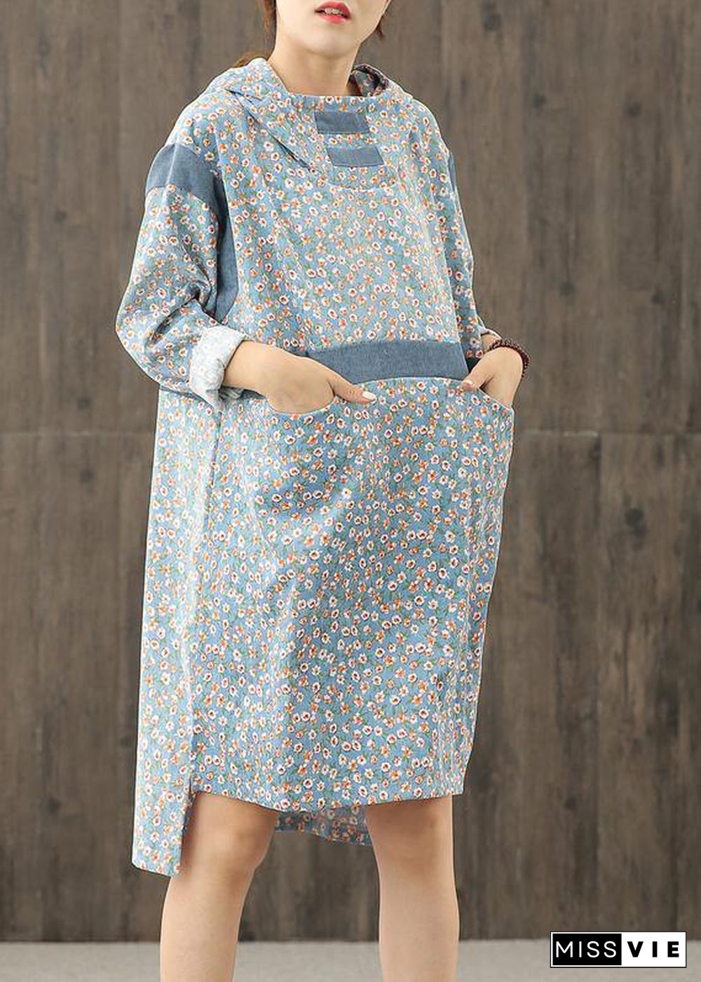 Simple blue print hooded patchwork shift Dresses