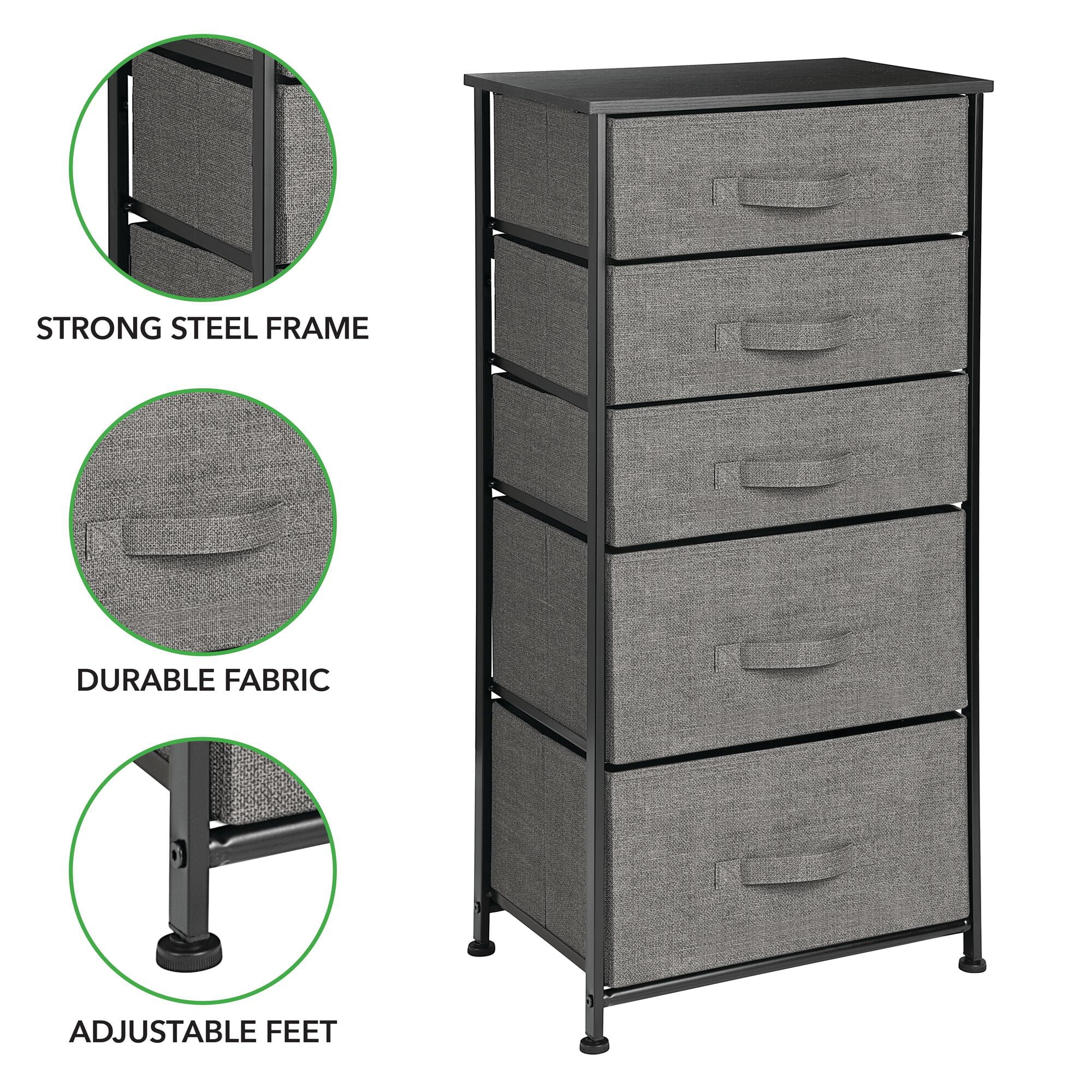 mDesign Storage Dresser Furniture Unit - Tall Standing Organizer Tower for Bedroom, Office, Living Room, and Closet - 5 Drawer Removable Fabric Bins - Charcoal Gray