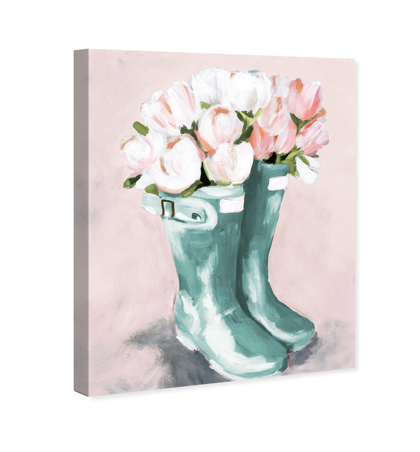 Runway Avenue Fashion and Glam Wall Art Canvas Prints and#8216;Pastel Rainboots and Flowers Home DA(C)cor， 24 x 36 ， Blue， Pink