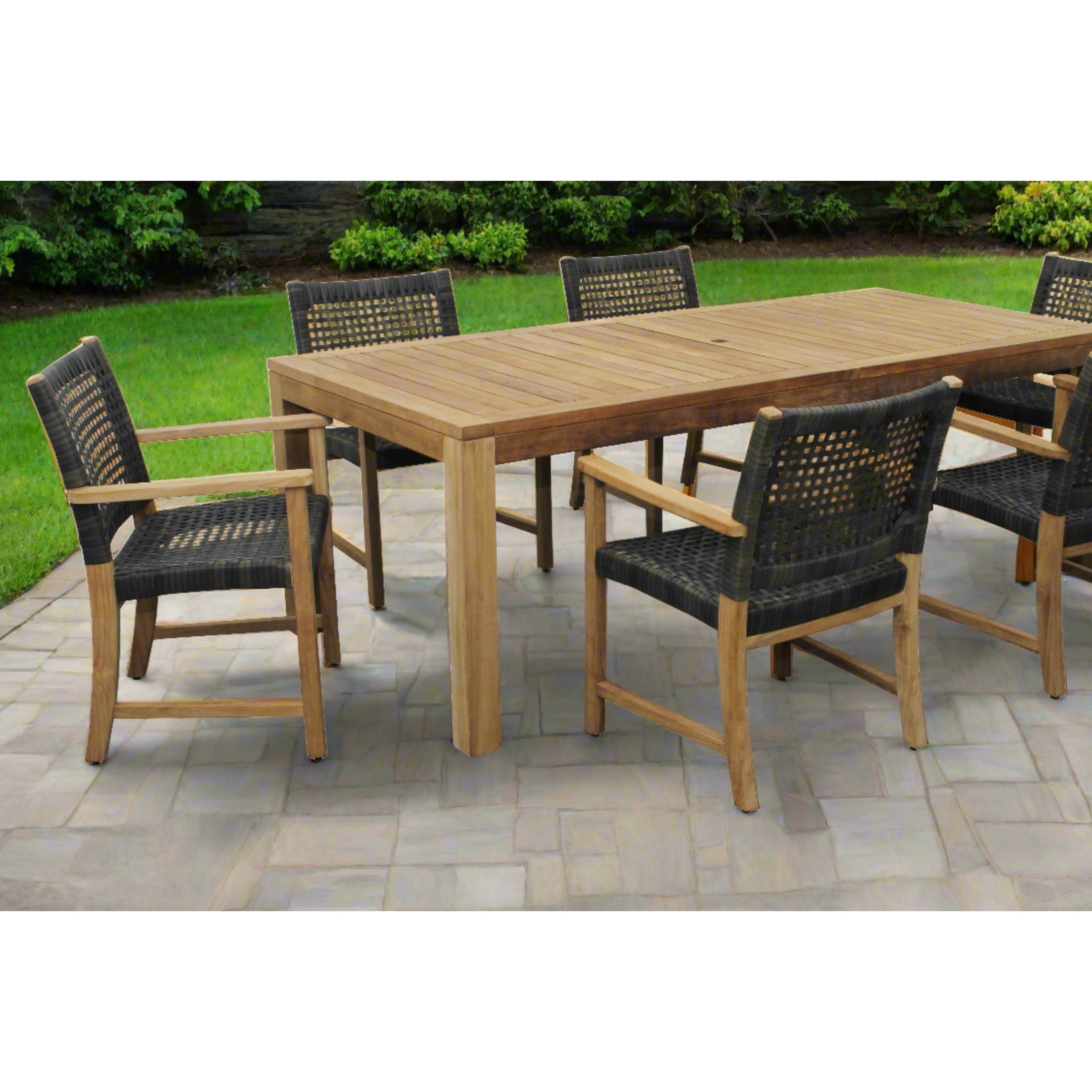 Katana Teak 7pc Outdoor Dining Set (Teak 86 Rectangular Table with 6 Woven Sanur Armchairs)