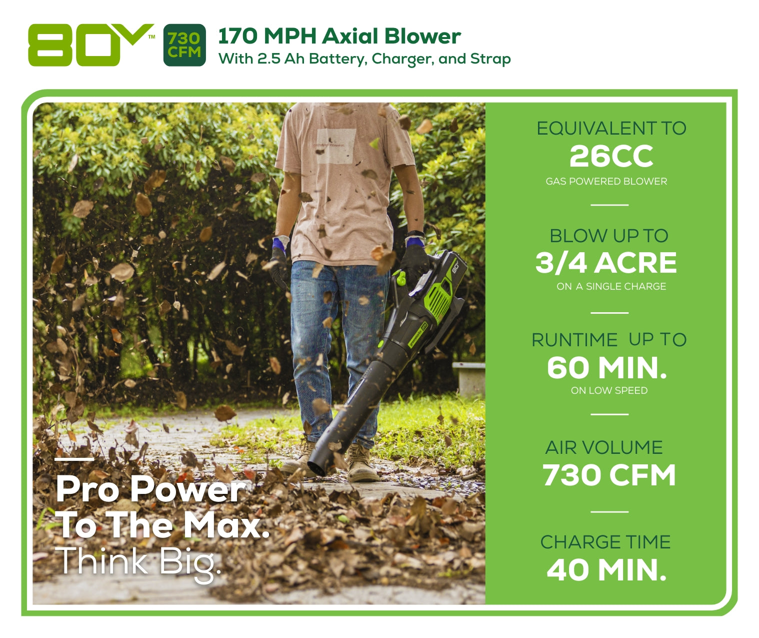 80V 730 CFM Cordless Battery Leaf Blower w/ 2.5Ah Battery  Rapid Char