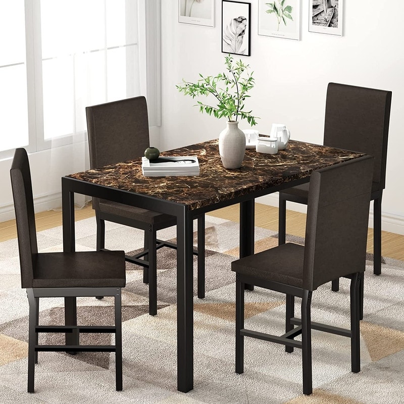 Modern Faux Marble 5 Pieces Kitchen Dining Set with 4 Cushion PU Leather Chairs