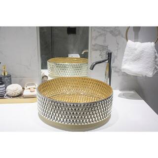 Flynama Gold Crystal Glass Round Bathroom Vessel Sink Crystalline Die Cast Basin RBCS204