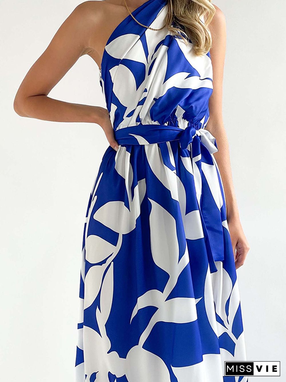 Loose Sleeveless Bandage Contrast Color Hollow Printed One-Shoulder Midi Dresses