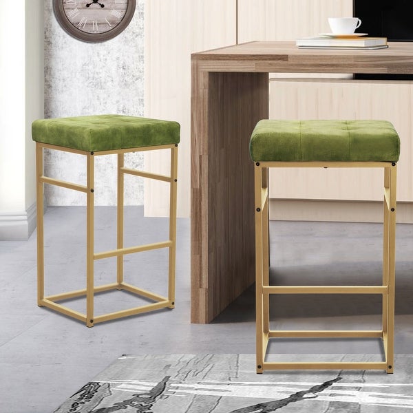 30 Inch Backless Metal Barstool with Beige/Green Velvet Seat-Set of 2